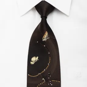 Beverly Hills Polo Club Rhinestone Necktie Gold Butterflies On Brown Silk With Silver Sparkles