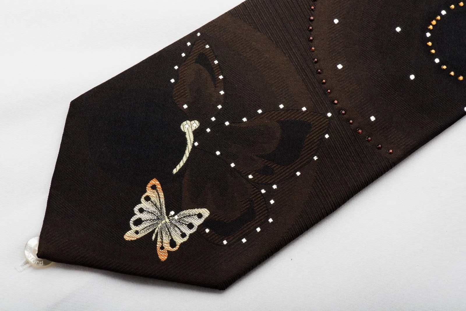 Beverly Hills Polo Club Rhinestone Necktie Gold Butterflies On Brown Silk With Silver Sparkles