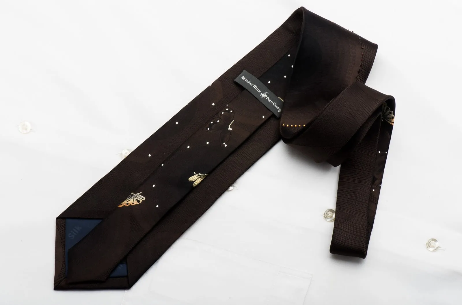 Beverly Hills Polo Club Rhinestone Necktie Gold Butterflies On Brown Silk With Silver Sparkles