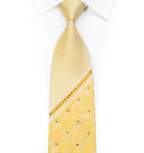 Beverly Hills Polo Club Rhinestone Silk Necktie Stripes & Floral On Yellow With Sparkles