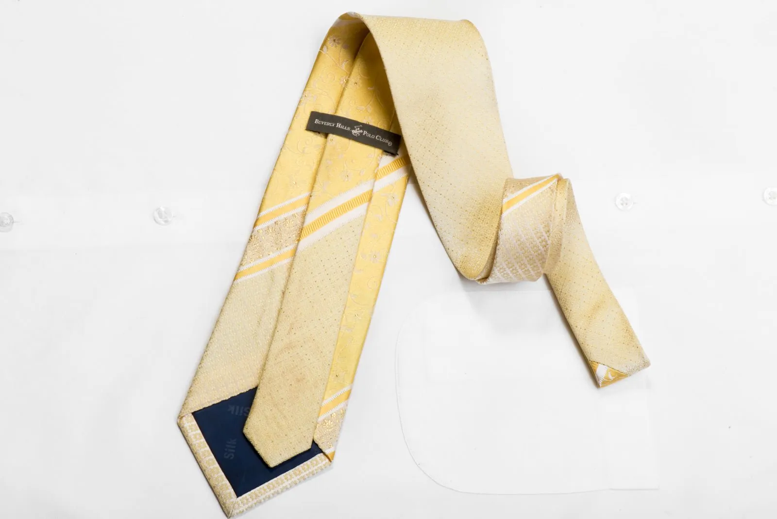 Beverly Hills Polo Club Rhinestone Silk Necktie Stripes & Floral On Yellow With Sparkles