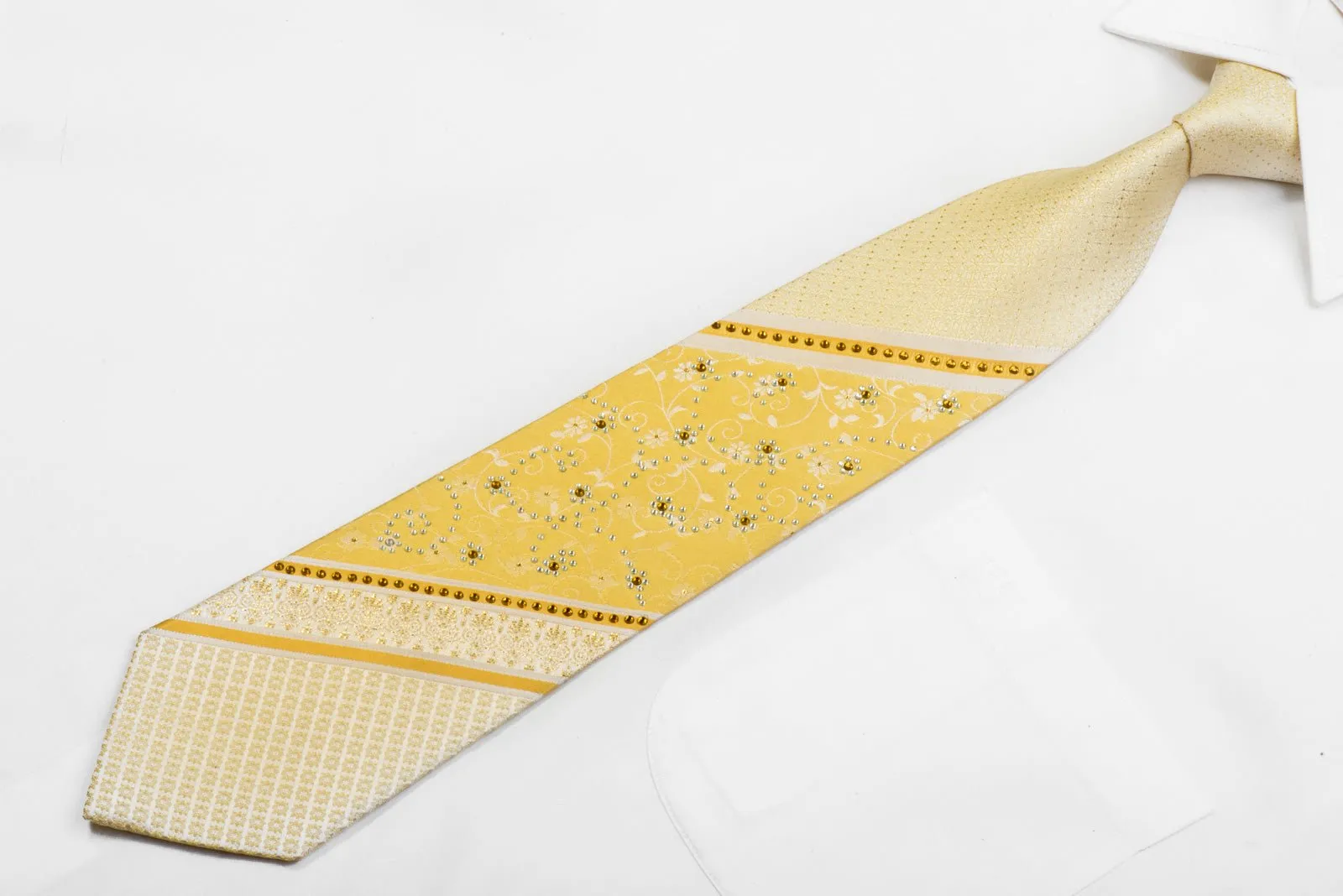 Beverly Hills Polo Club Rhinestone Silk Necktie Stripes & Floral On Yellow With Sparkles