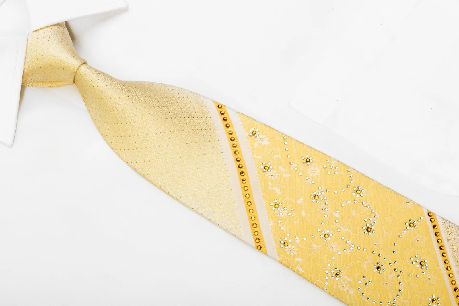 Beverly Hills Polo Club Rhinestone Silk Necktie Stripes & Floral On Yellow With Sparkles