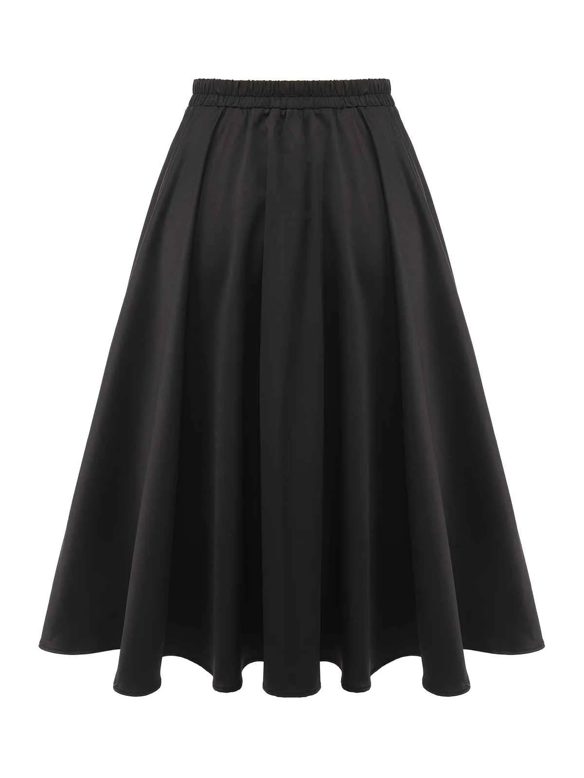 Black 1950s Solid Elastic Waist Pleated Skirt