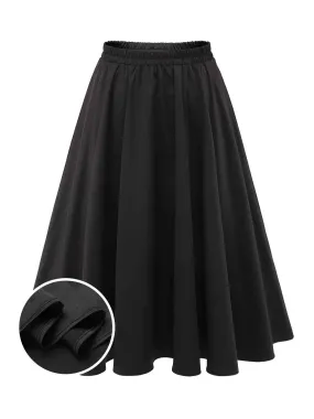 Black 1950s Solid Elastic Waist Pleated Skirt