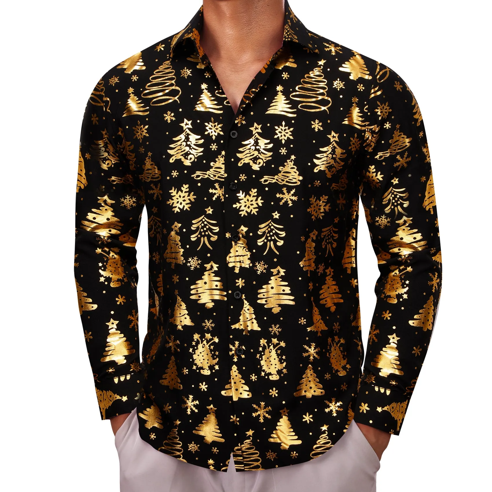 Black Golden Christmas Pattern Men Long Sleeve Shirt