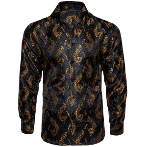 Black Golden Floral Silk Men's Long Sleeve Shirt