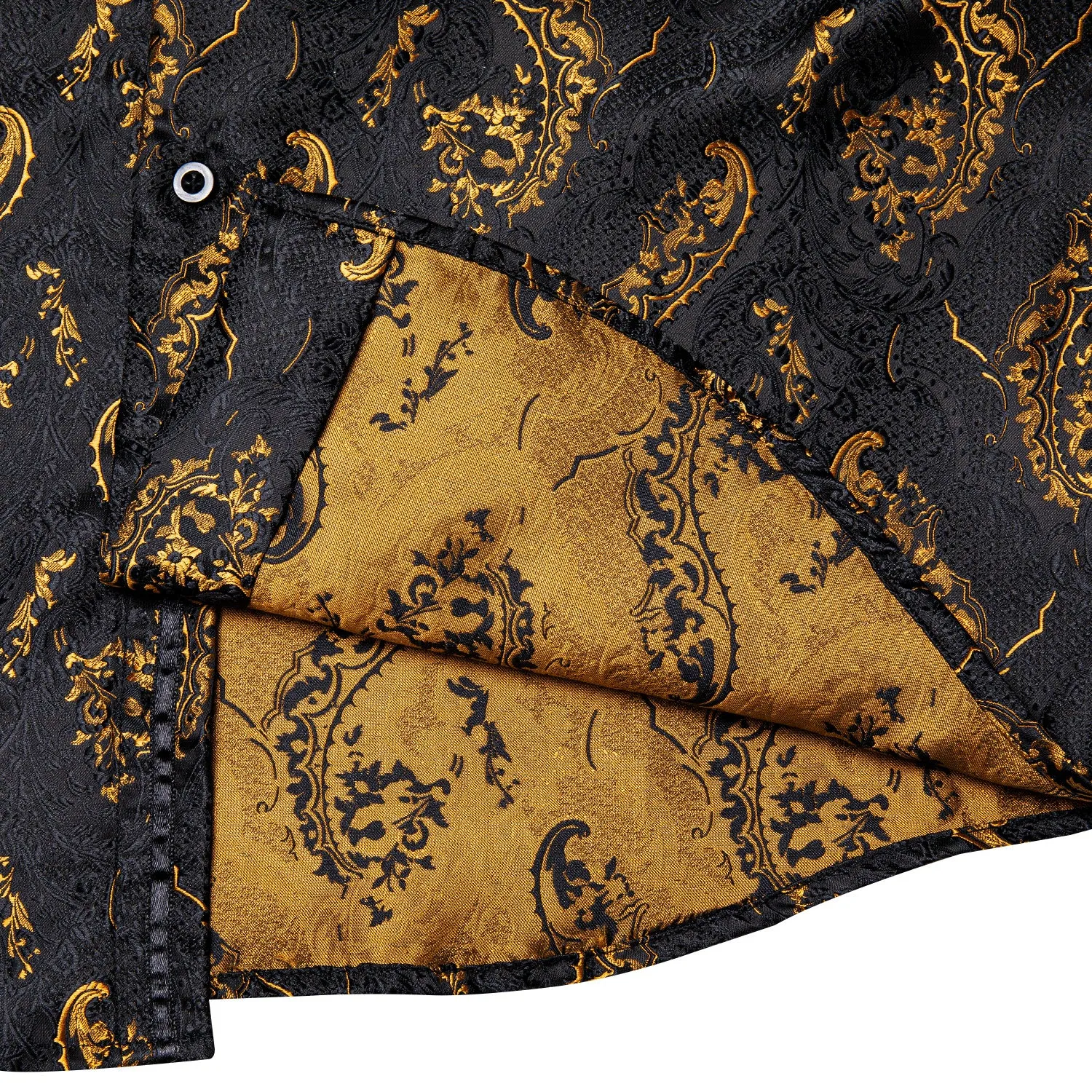 Black Golden Floral Silk Men's Long Sleeve Shirt