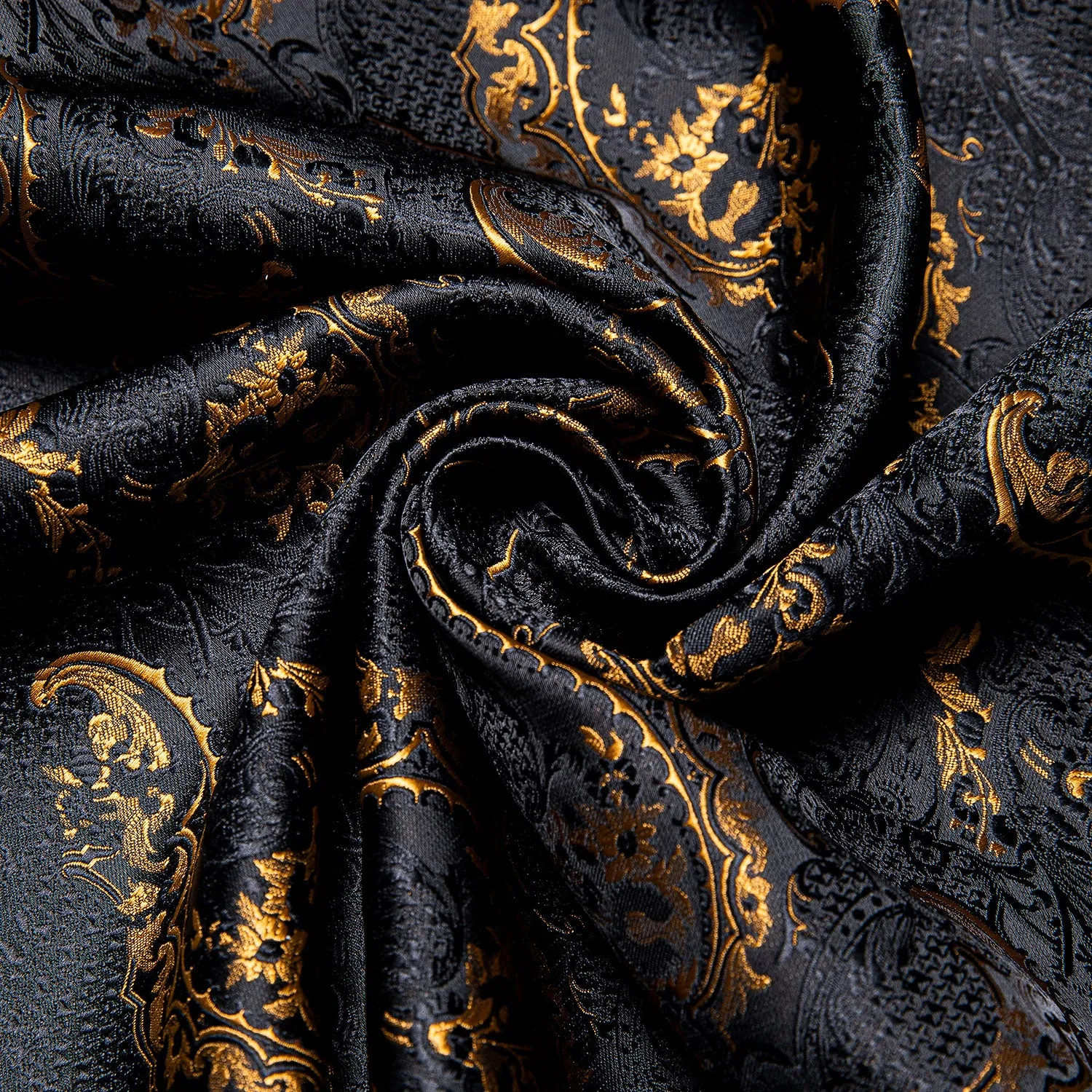 Black Golden Floral Silk Men's Long Sleeve Shirt