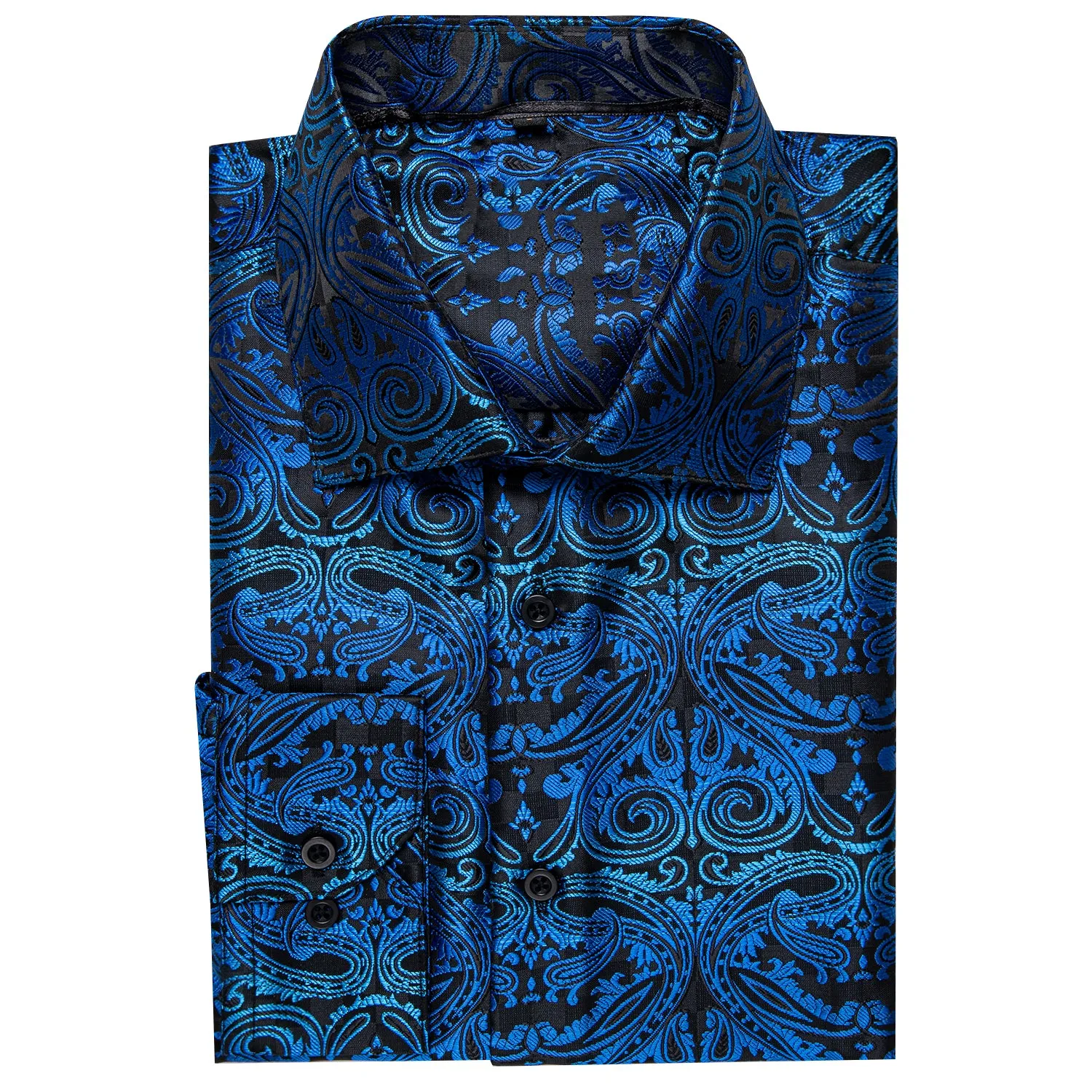 Black Gradient Blue Paisley Silk Men's Long Sleeve Shirt