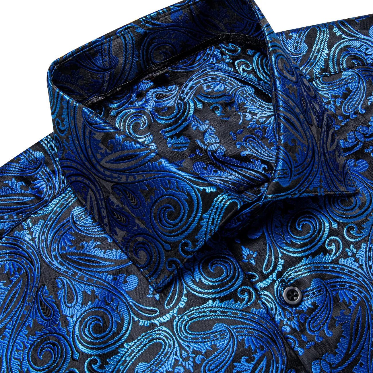 Black Gradient Blue Paisley Silk Men's Long Sleeve Shirt