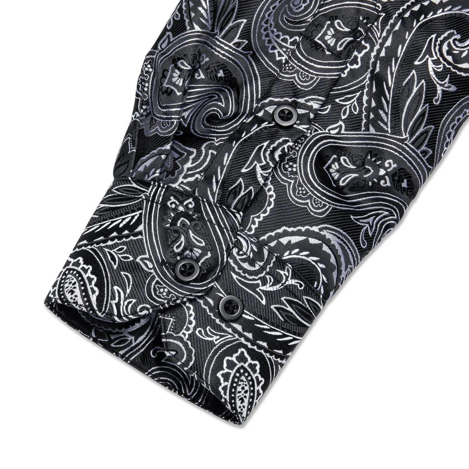 Black Grey Paisley Silk Men's Long Sleeve Shirt