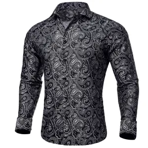 Black Grey Paisley Silk Men's Long Sleeve Shirt