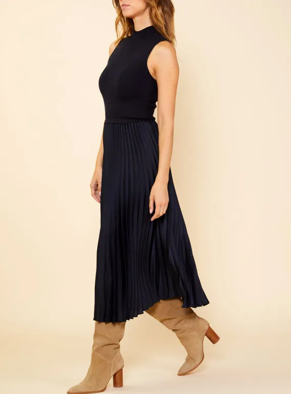 Black Mock Neck Pleated Dress