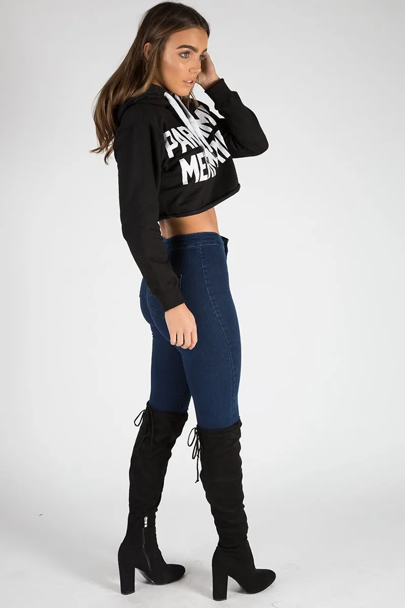 Black Part Time Mermaid Slogan Cropped Hoodie - Lora