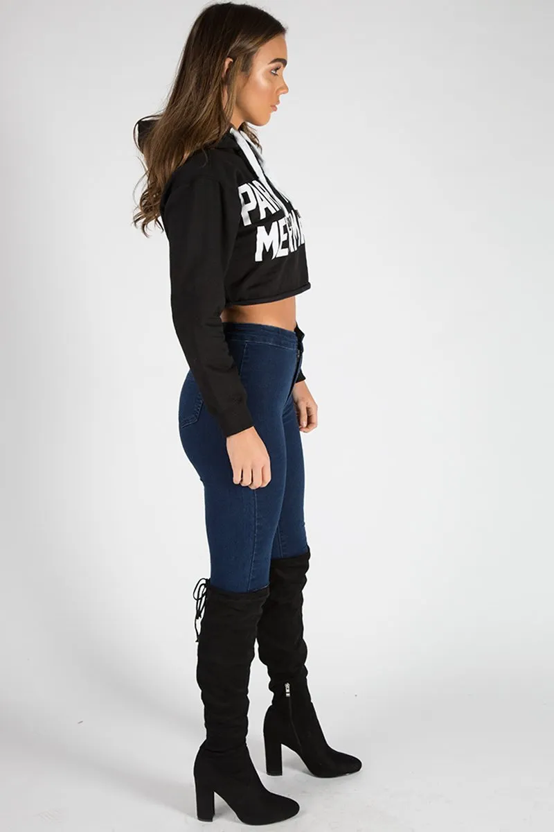 Black Part Time Mermaid Slogan Cropped Hoodie - Lora