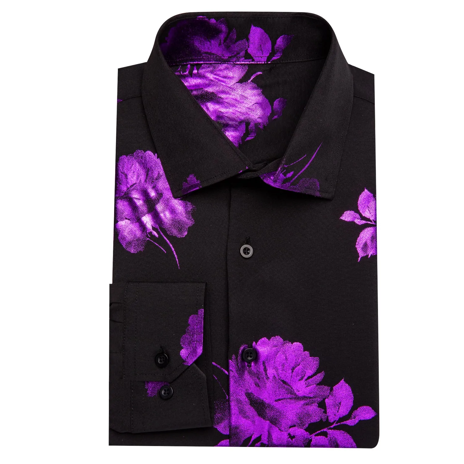 Black Purple Floral Pattern Silk Men's Long Sleeve Shirt