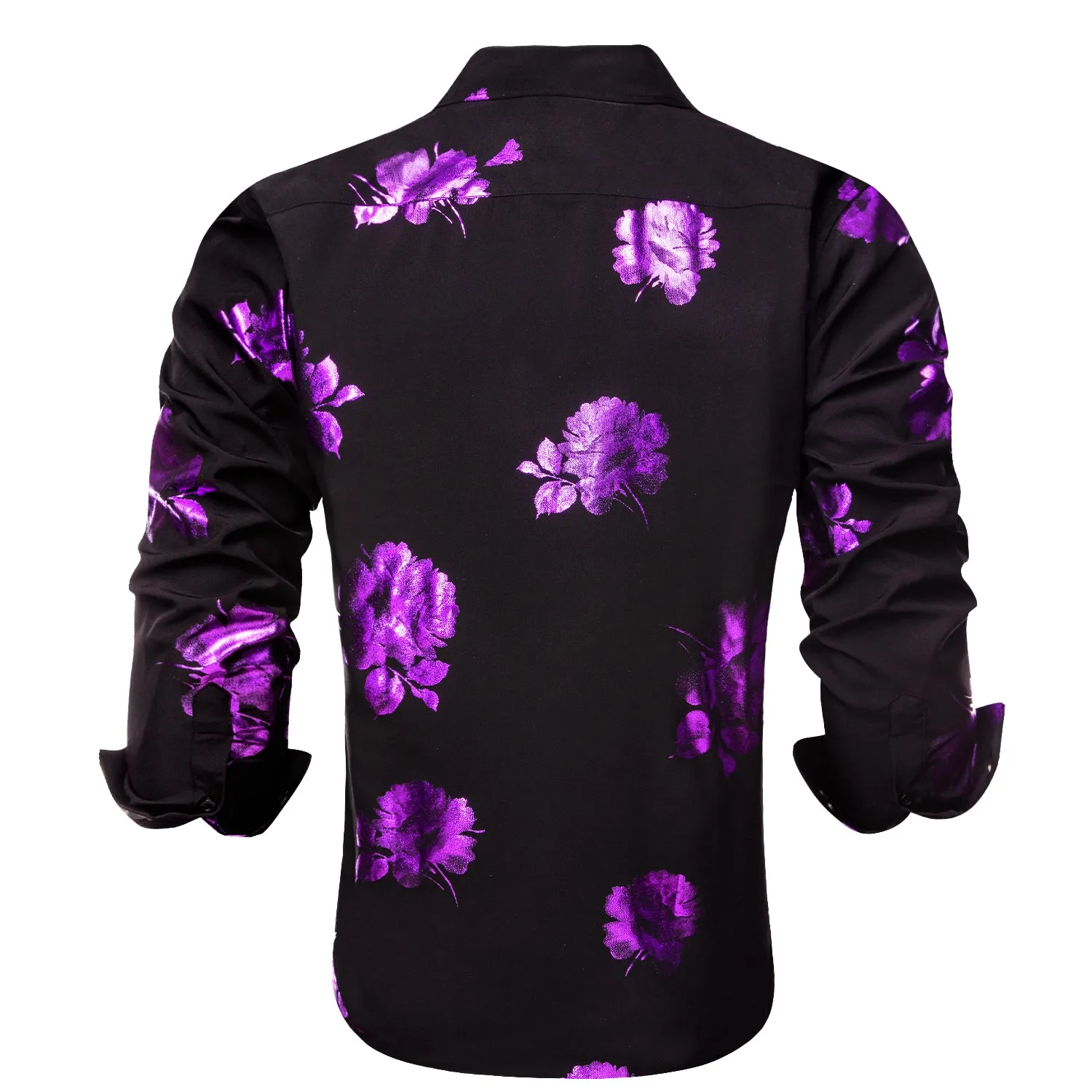 Black Purple Floral Pattern Silk Men's Long Sleeve Shirt