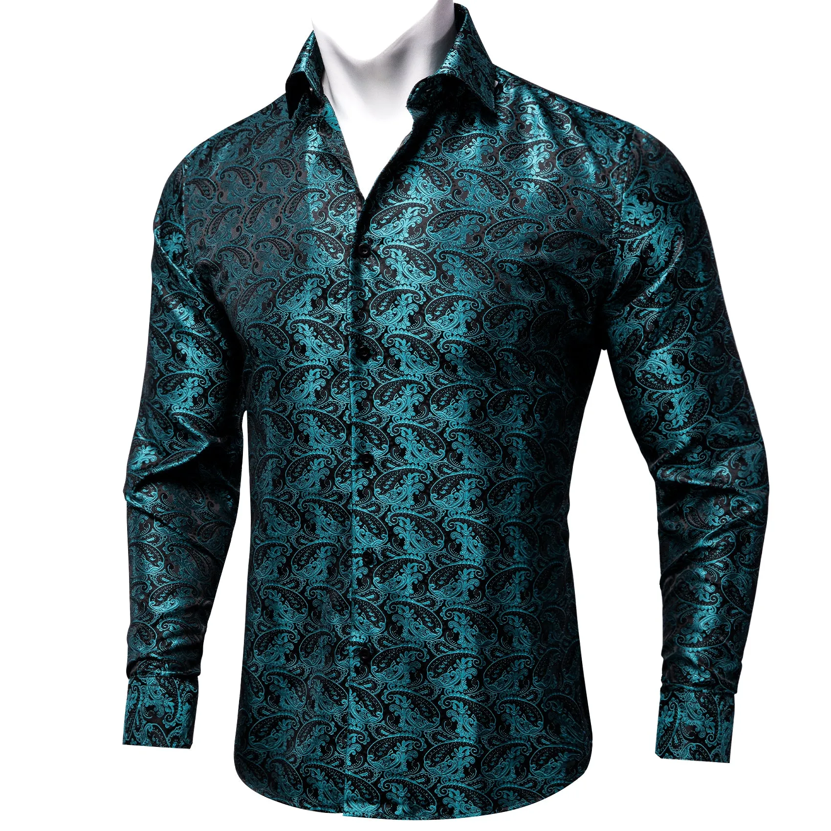 Black Teal Blue Paisley Silk Men's Long Sleeve Shirt