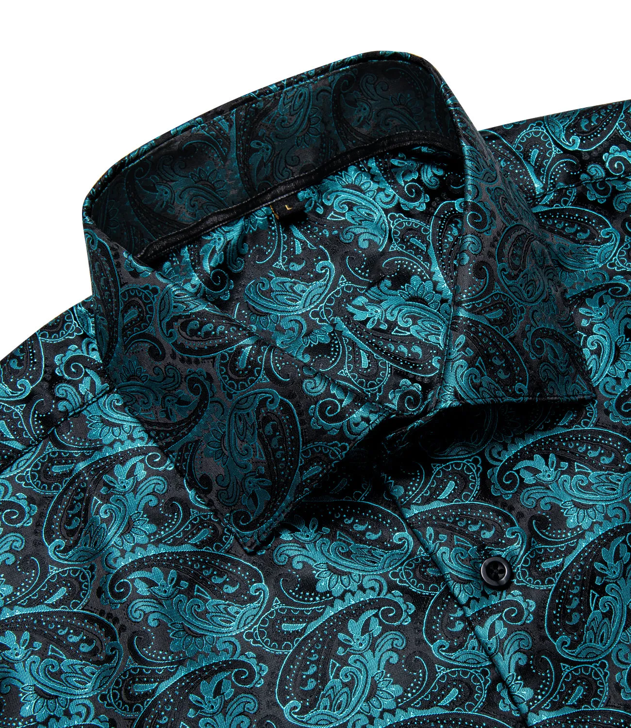 Black Teal Blue Paisley Silk Men's Long Sleeve Shirt