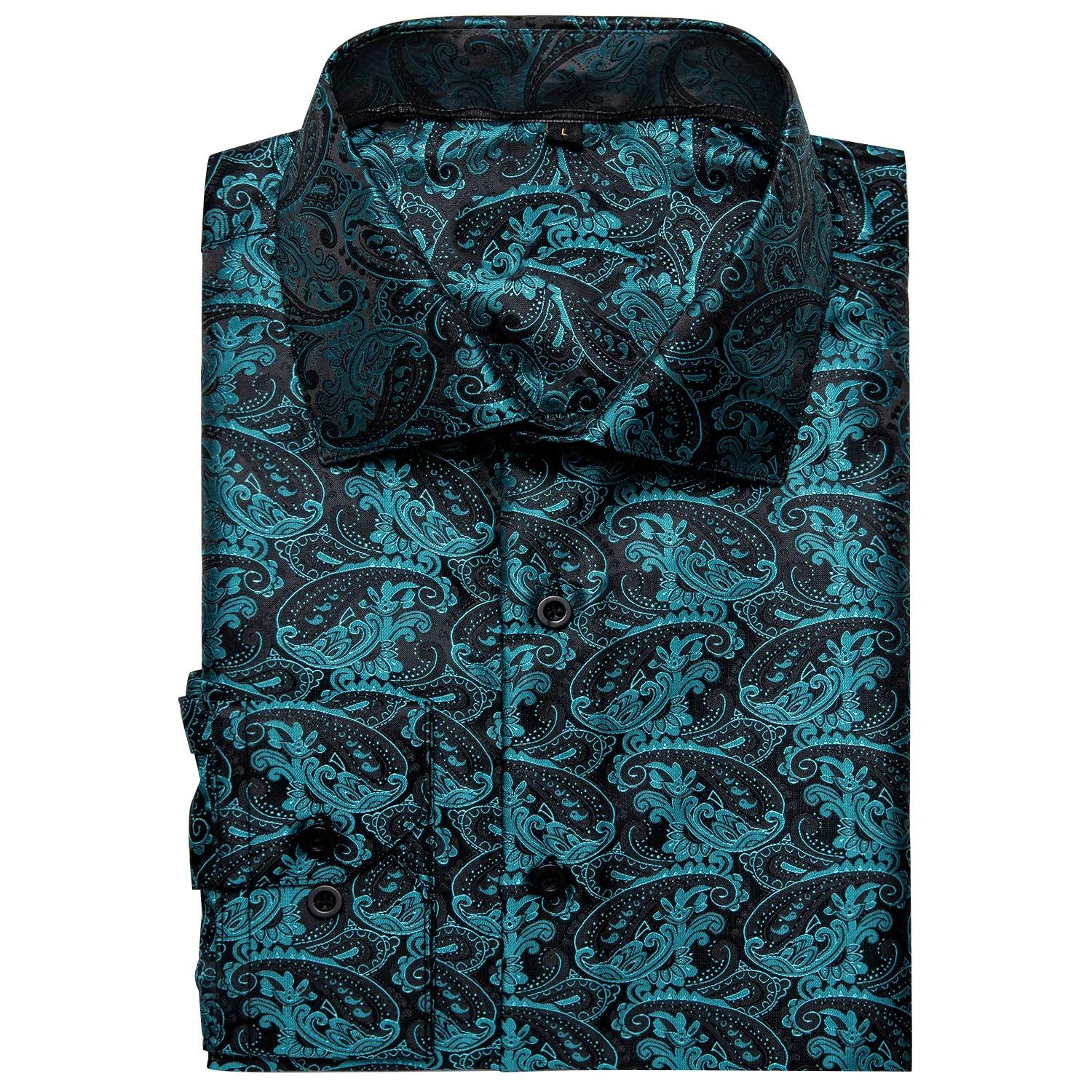 Black Teal Blue Paisley Silk Men's Long Sleeve Shirt