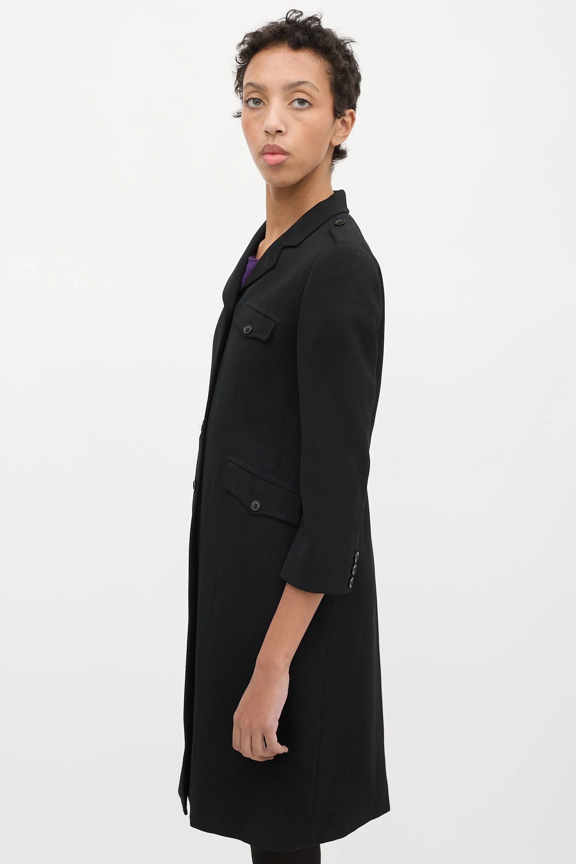 Black Wool Three Quarter Sleeve Coat