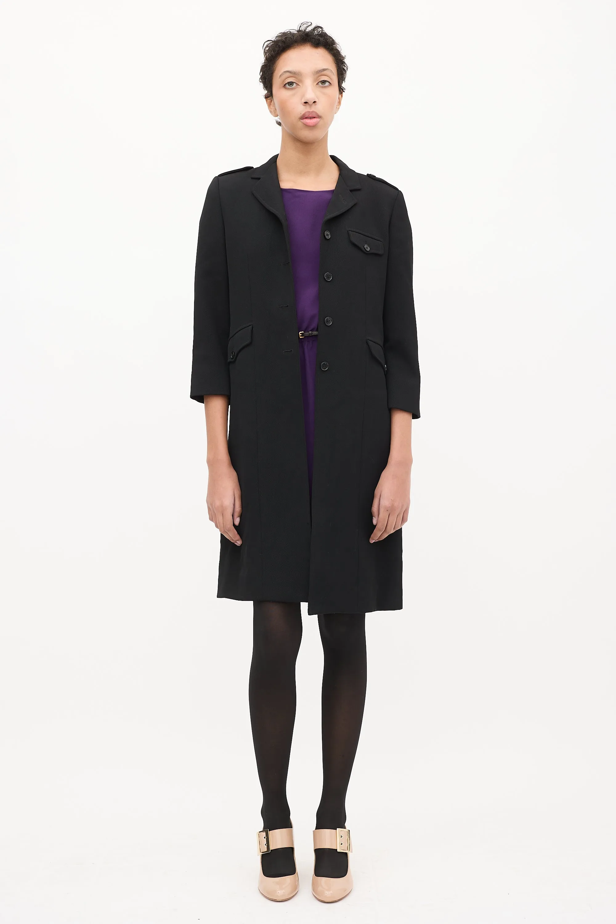 Black Wool Three Quarter Sleeve Coat