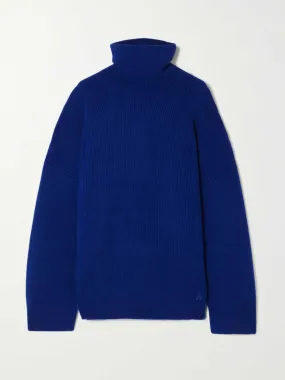 Blue ribbed-knit turtleneck sweater