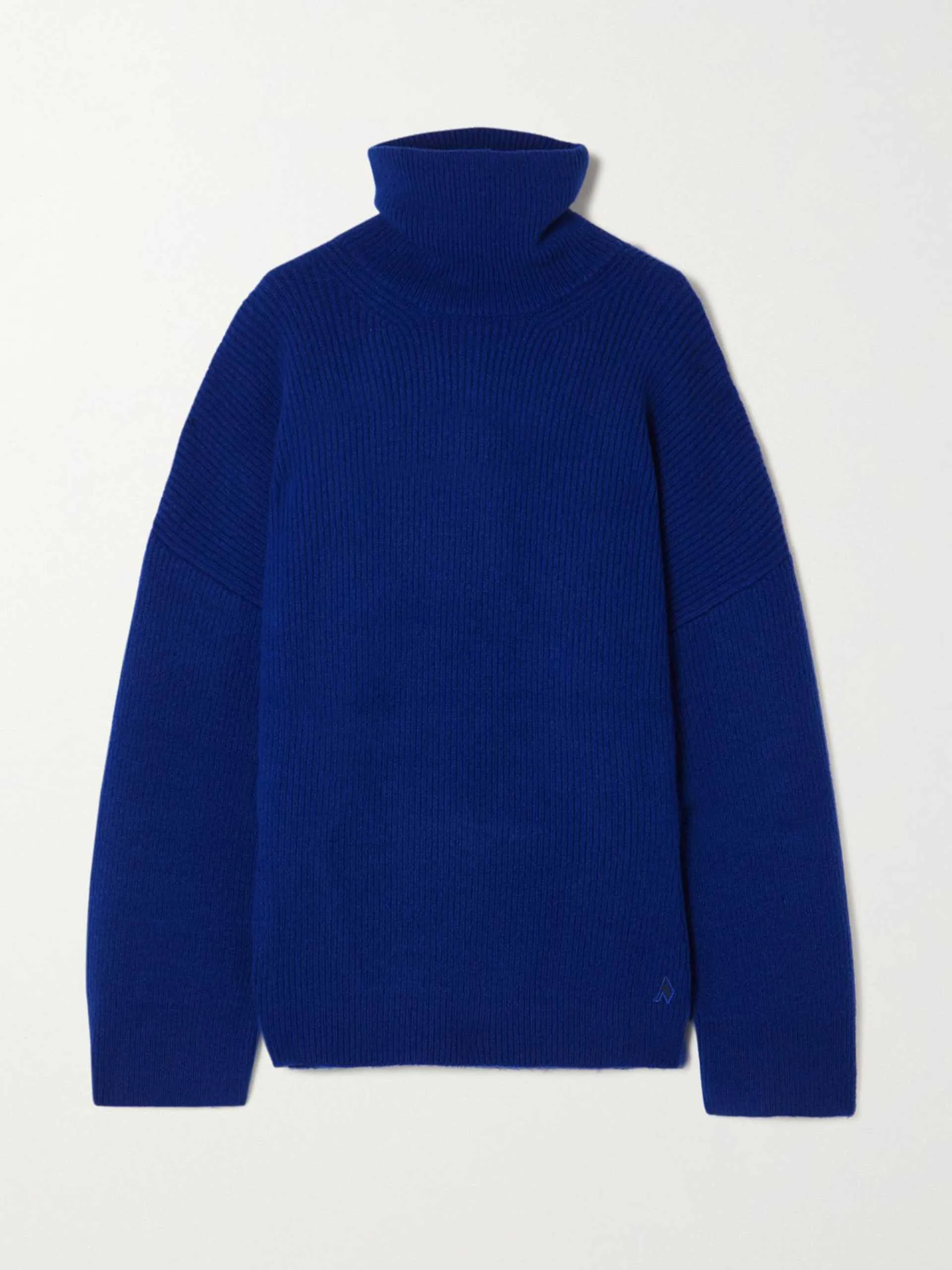 Blue ribbed-knit turtleneck sweater