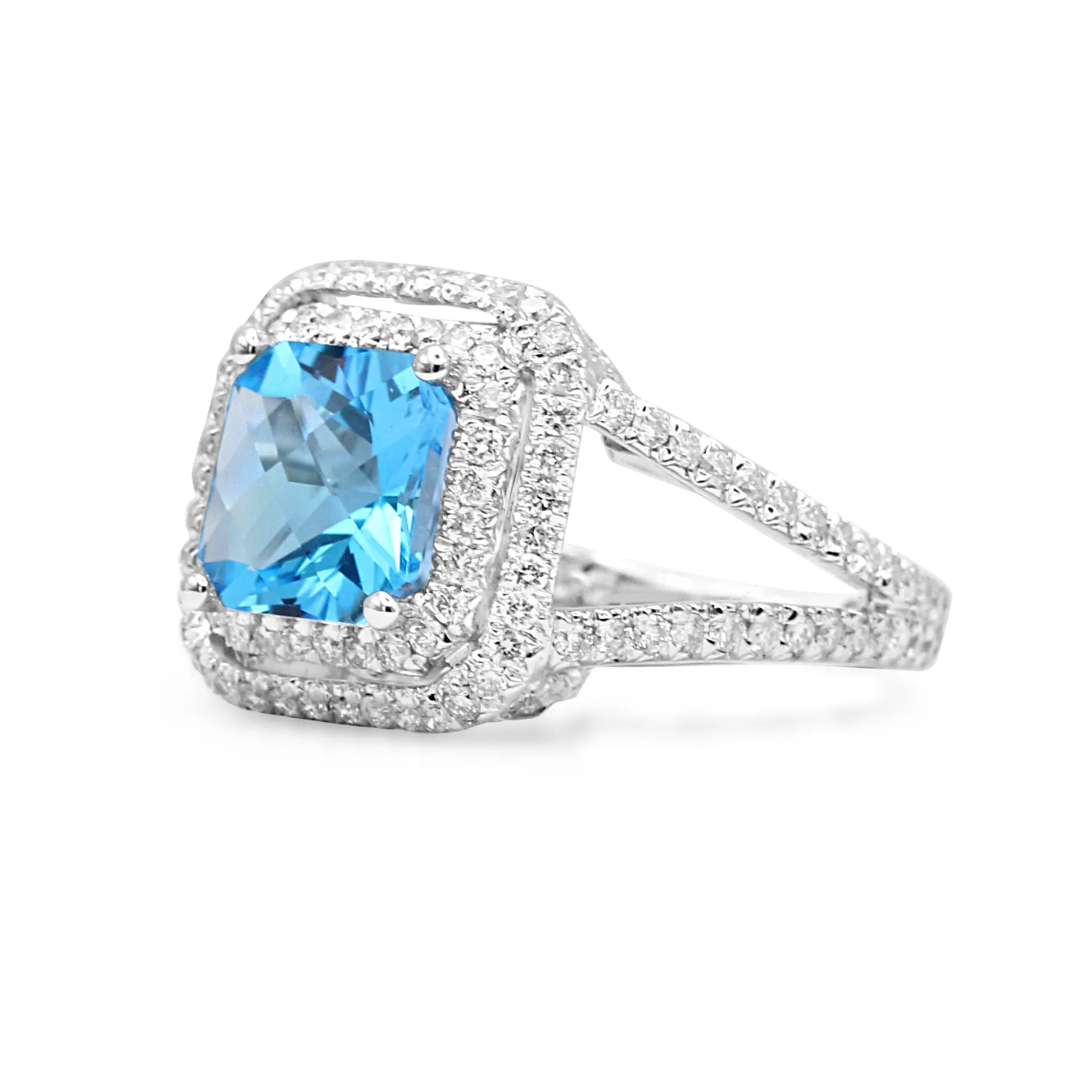 Blue Topaz & Diamond Cluster Ring, Diamond Shoulders - 18ct White Gold