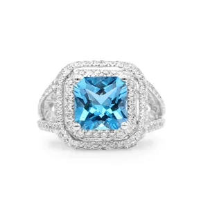 Blue Topaz & Diamond Cluster Ring, Diamond Shoulders - 18ct White Gold