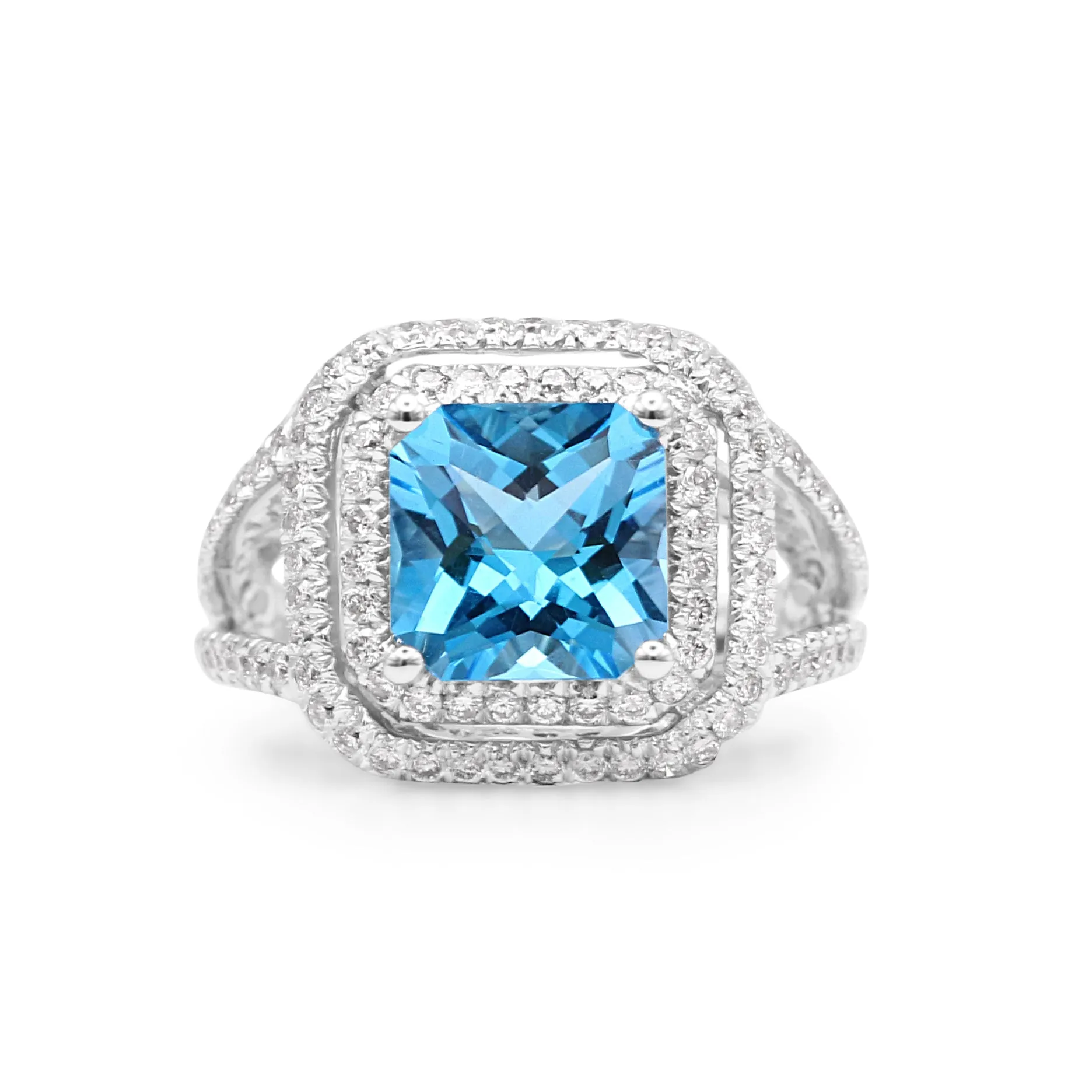 Blue Topaz & Diamond Cluster Ring, Diamond Shoulders - 18ct White Gold