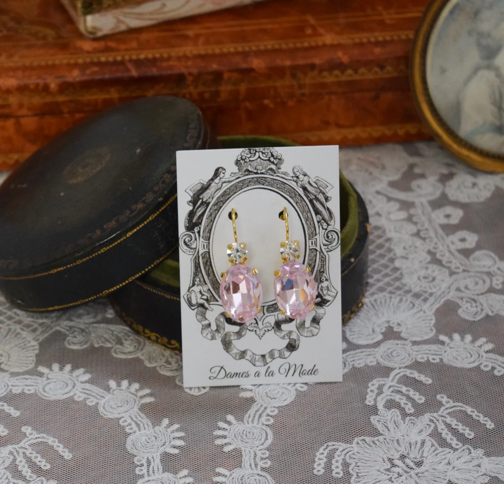 Blush Pink Crystal Earrings - Large Oval 2 stone