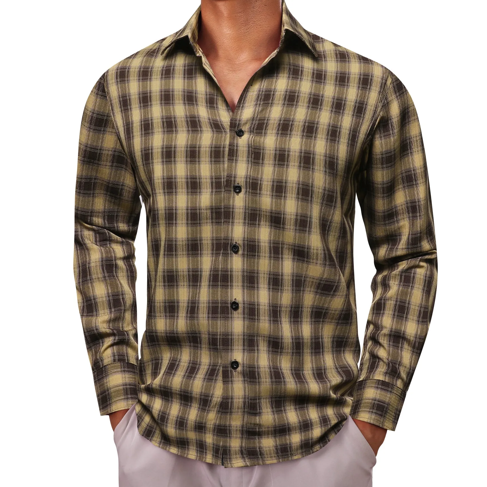 Brown Plaid Men's Long Sleeve Work Shirt