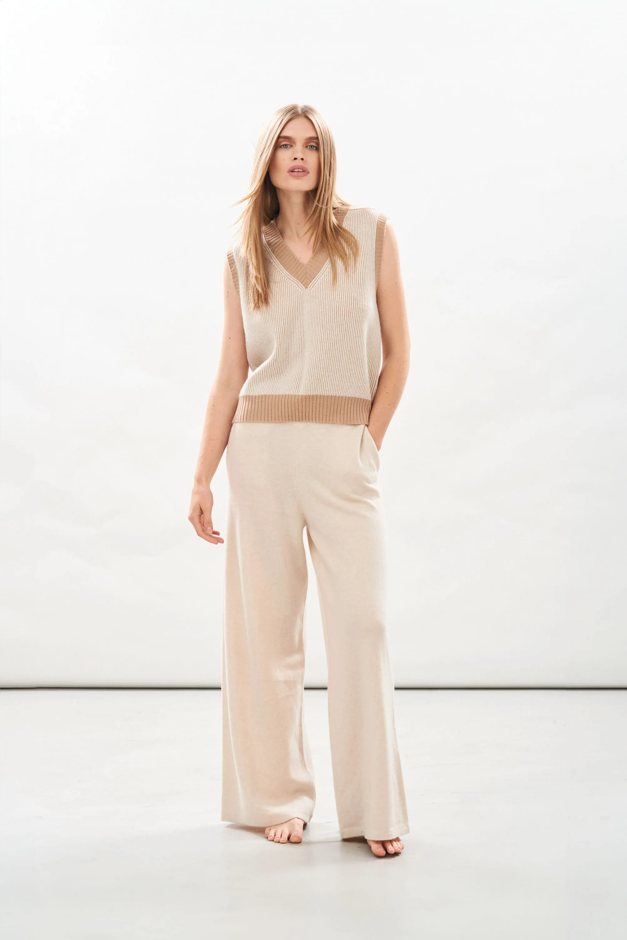 Cashmere Plated Rib Tank in Camel and Cream