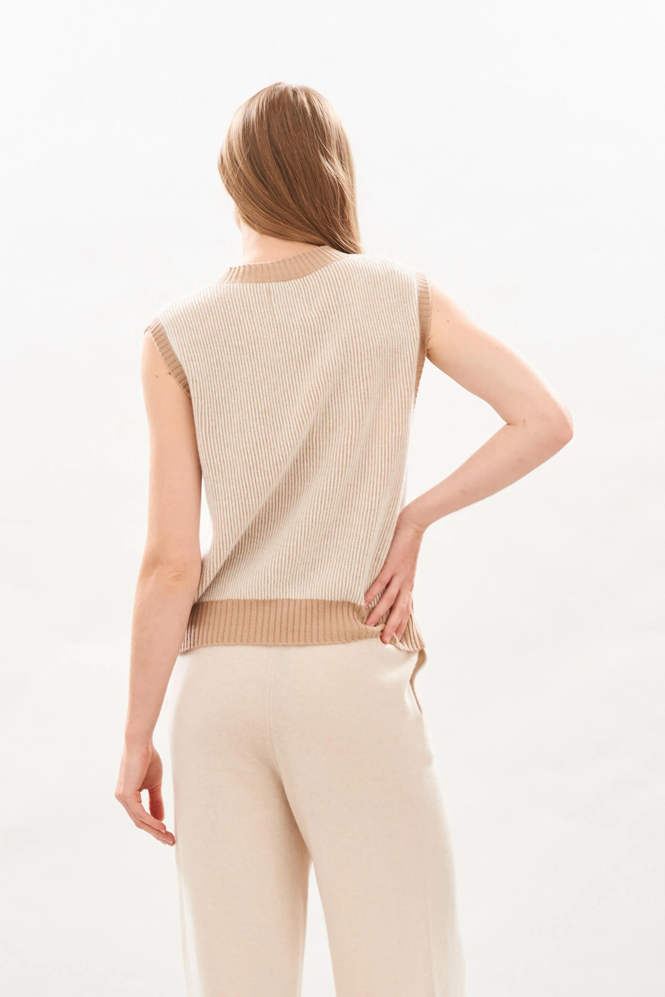 Cashmere Plated Rib Tank in Camel and Cream