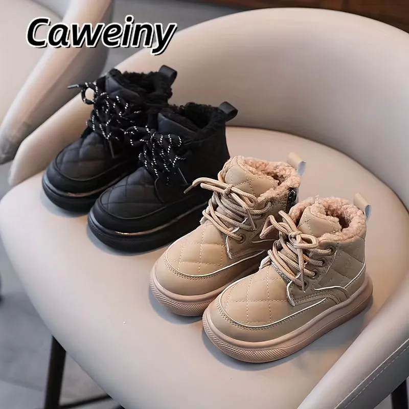 Caweiny Trendy Comfortable Lace Up Boots For Boys, Soft Warm Plus Fleece Boots For Indoor Outdoor Walking, Autumn And Winter