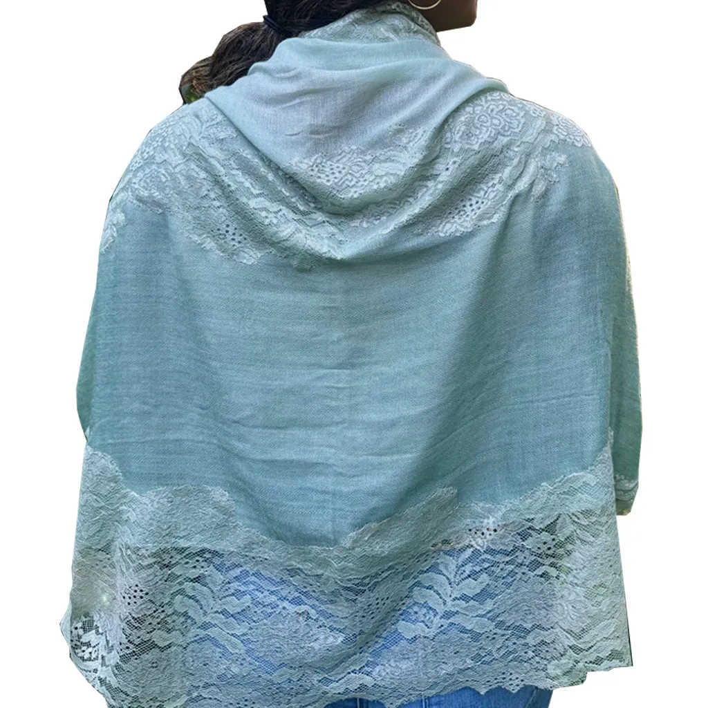 Centerville Seafoam Pashmina Shawl with Mint Chantilly lace trim