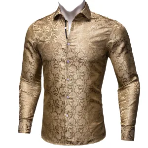 Champagne Brown Floral Silk Men's Long Sleeve Shirt