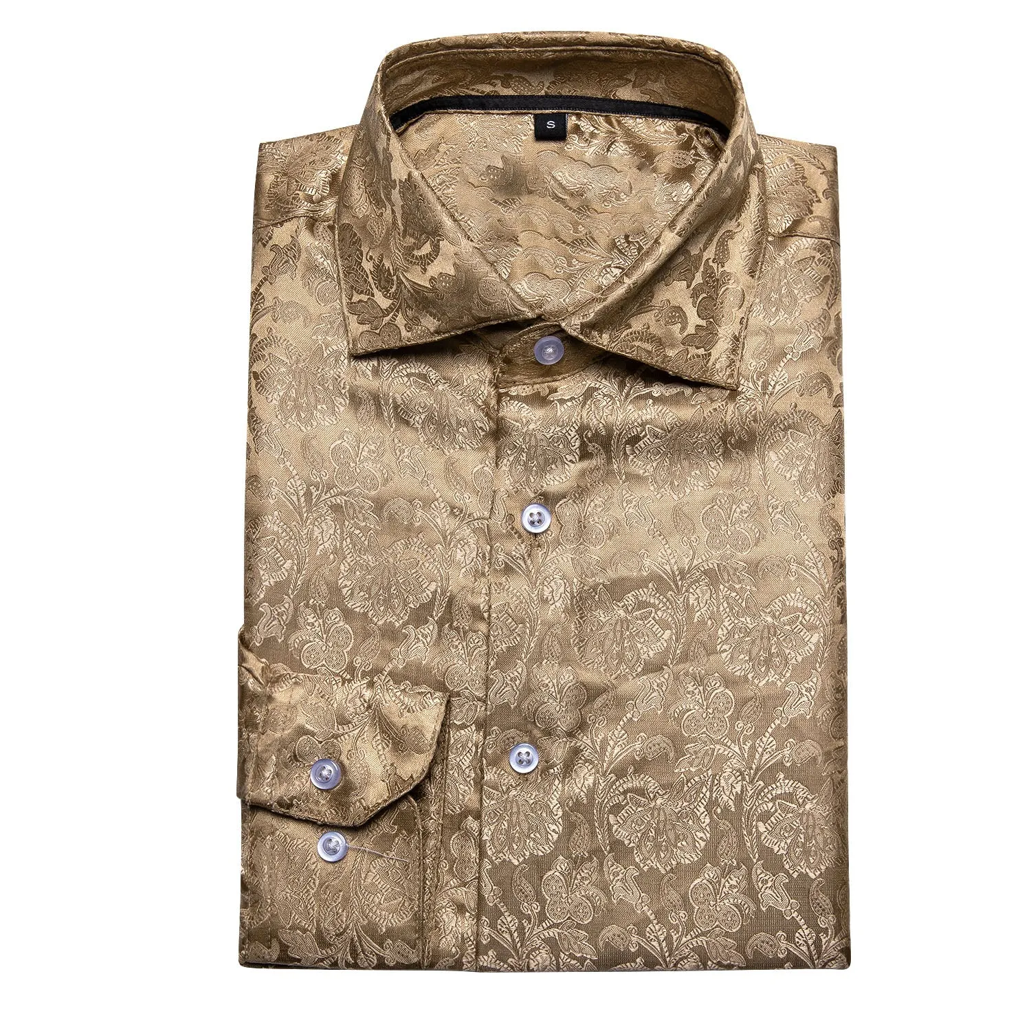 Champagne Brown Floral Silk Men's Long Sleeve Shirt