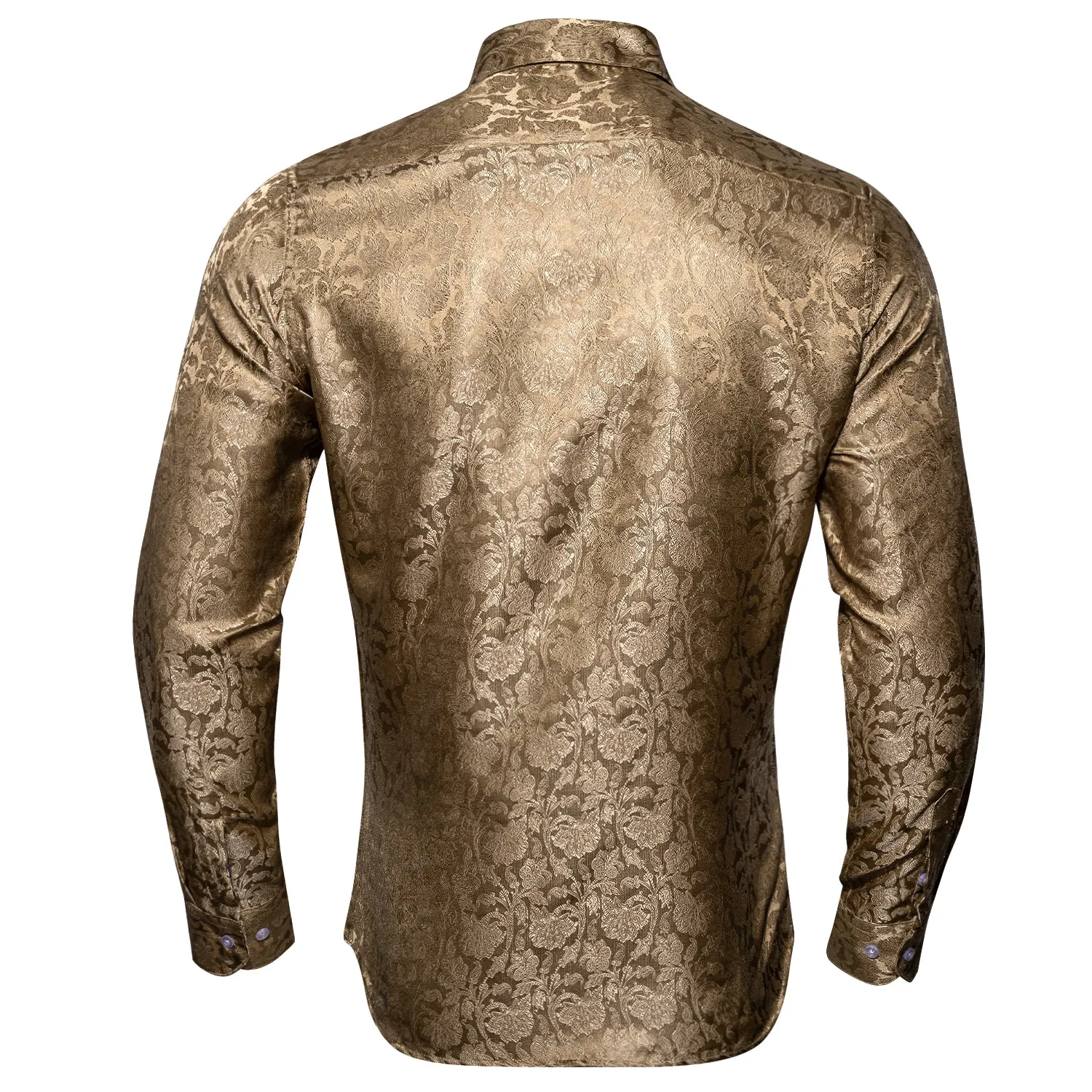 Champagne Brown Floral Silk Men's Long Sleeve Shirt