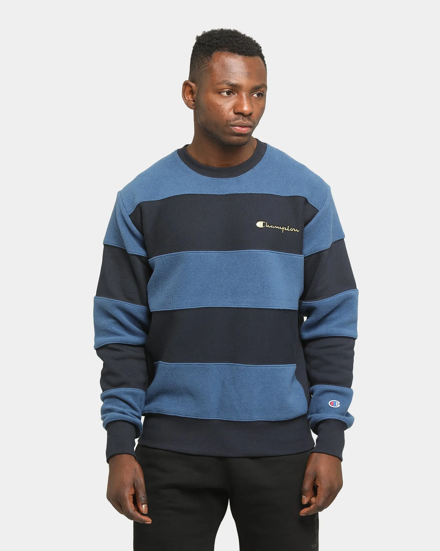 Champion Rev Weave Panel Stripe Crew Navy