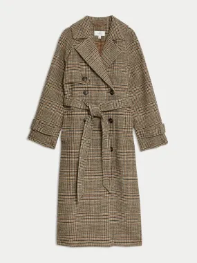 Checked longline trench coat with wool