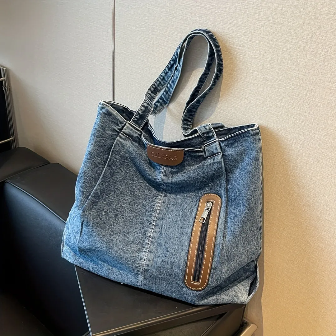 Chic Denim Crossbody Bag for Women - Trendy Shoulder Handbag with Zip Closure, Polyester Lined, Fashionable Contrast Color Design