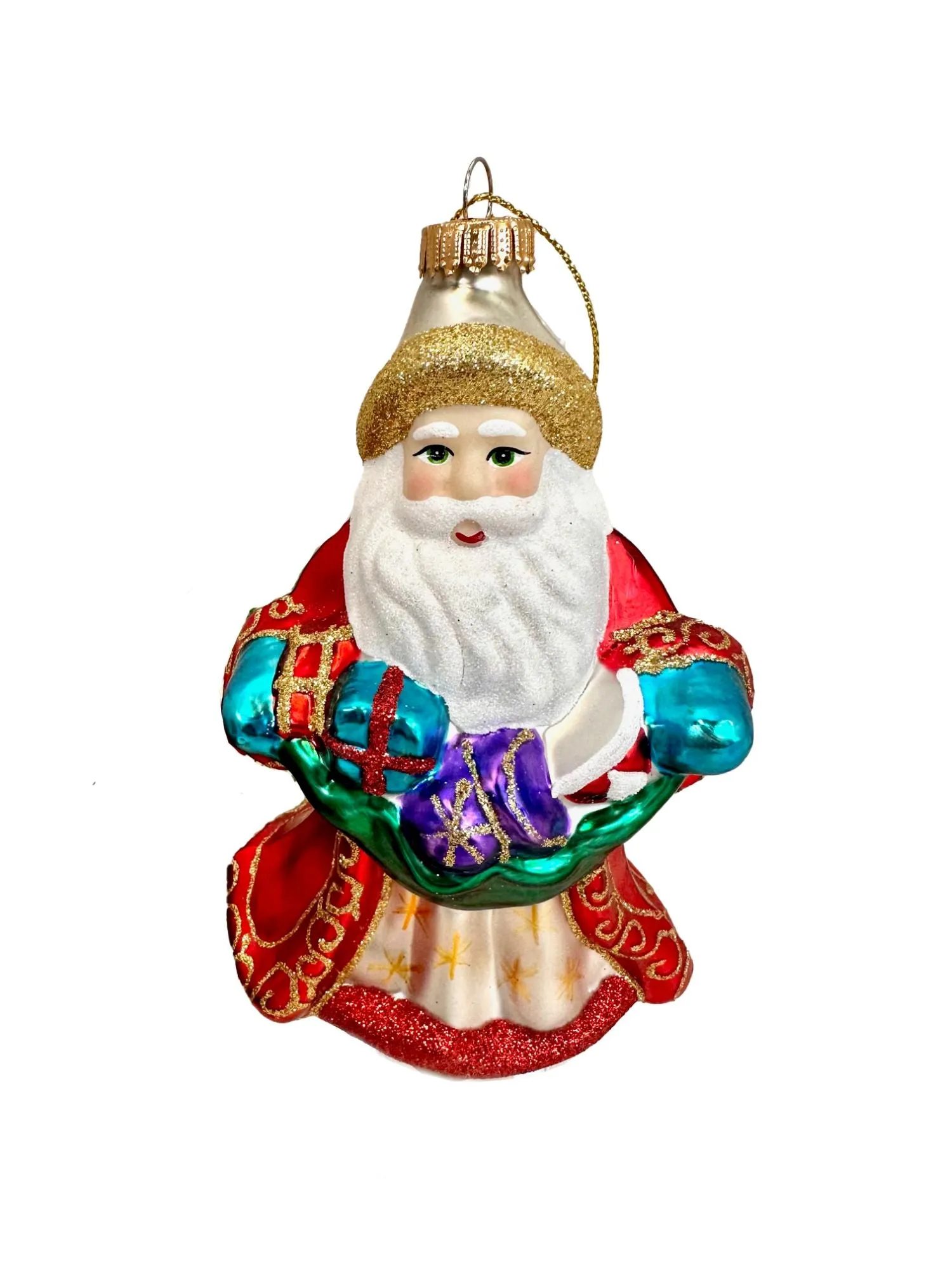 Christmas By Krebs Blown Glass  Collectible Tree Ornaments  (5" Santa with White Coat and Presents)