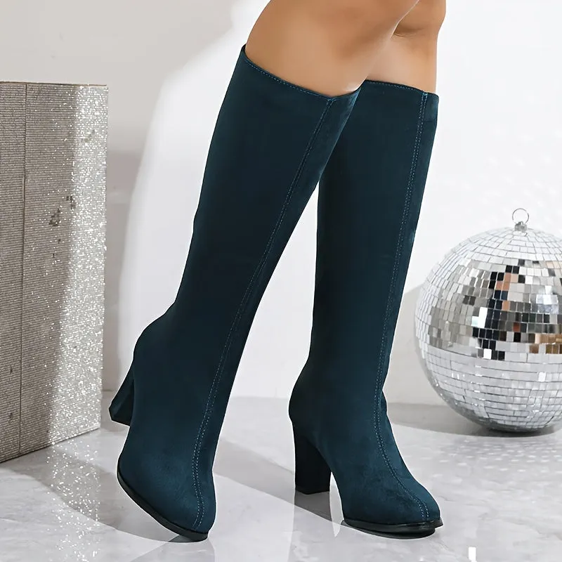 Comfortable & Trendy Women's Solid Knee-High Boots - Mid Block Heel, Round Toe with Back Zipper