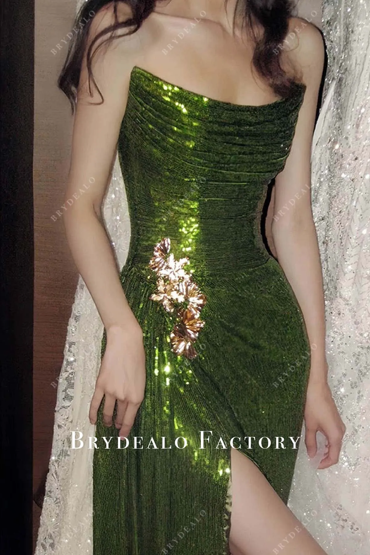 Custom Green Sequin Ruched Scoop Neck Strapless Slit Prom Dress