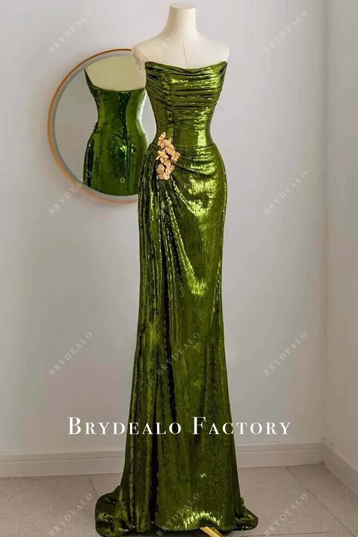 Custom Green Sequin Ruched Scoop Neck Strapless Slit Prom Dress