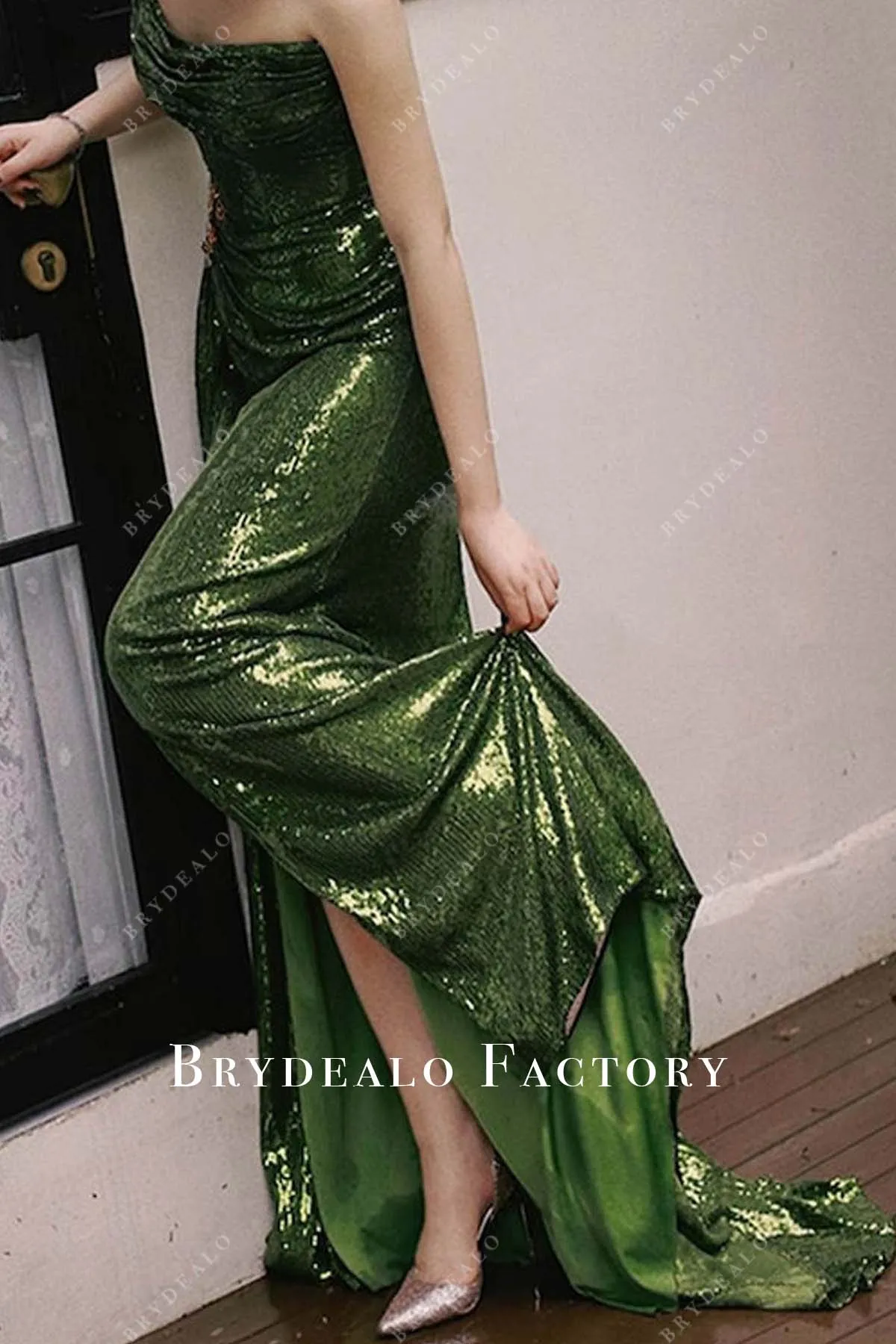 Custom Green Sequin Ruched Scoop Neck Strapless Slit Prom Dress