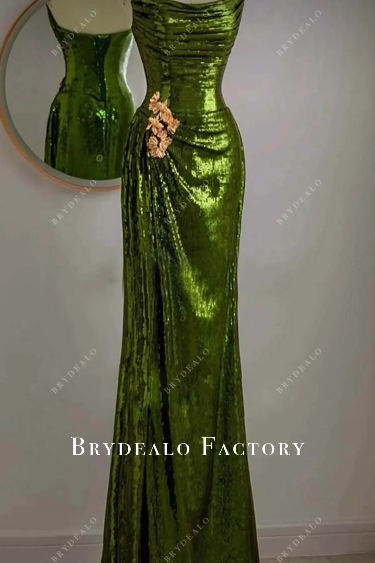 Custom Green Sequin Ruched Scoop Neck Strapless Slit Prom Dress